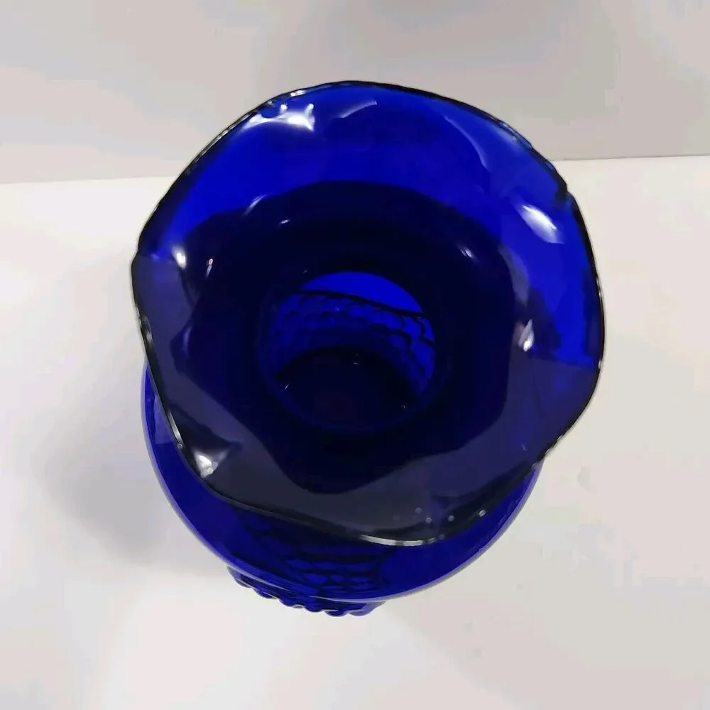 Vtg Lg Vase Deep Cobalt Blue 9” Tall Bubble Grape Design Ruffled Top Hour Glass